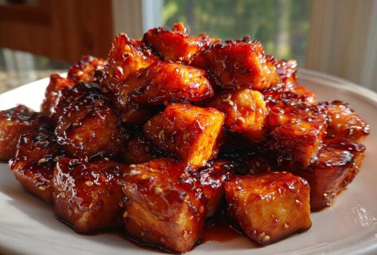 Close-up of glistening, glazed Honey Garlic Salmon Bites piled high on a white plate, sprinkled with sesame seeds.