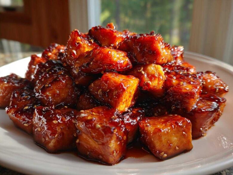 Close-up of glistening, glazed Honey Garlic Salmon Bites piled high on a white plate, sprinkled with sesame seeds.
