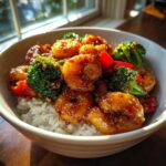 Close-up of a white bowl filled with Honey Garlic Shrimp Bowls, featuring glazed shrimp, white rice, broccoli, and red peppers.