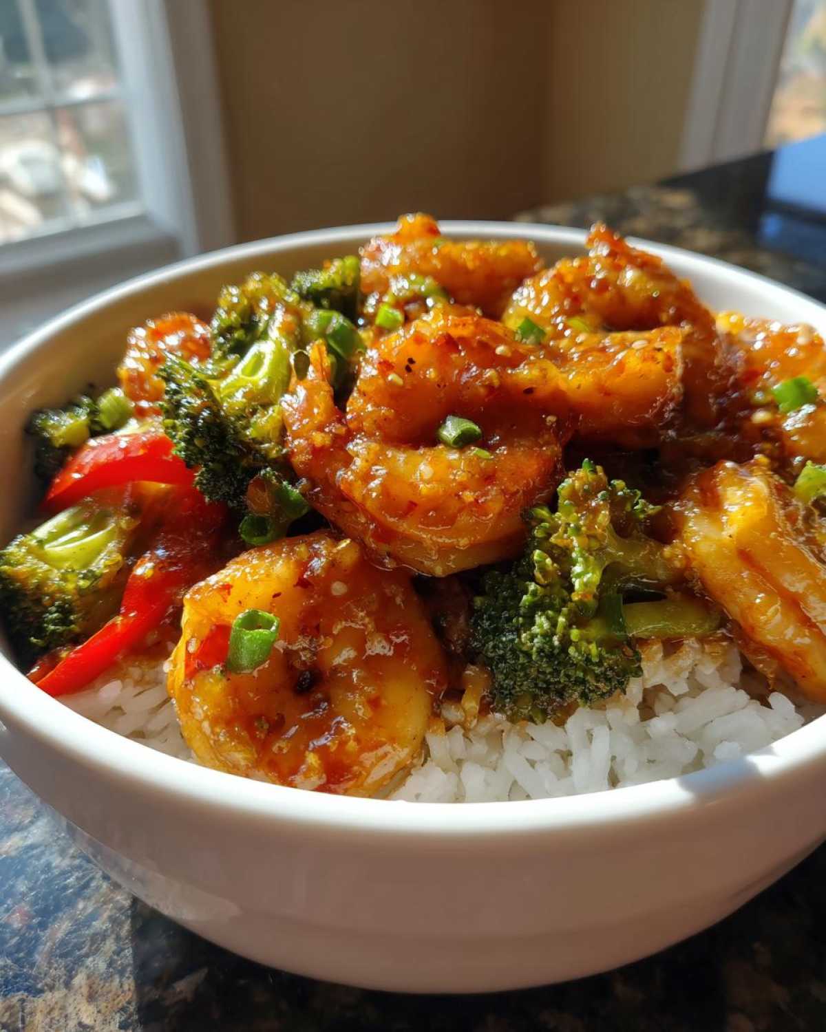 A close-up of a white bowl filled with Honey Garlic Shrimp Bowls, featuring saucy shrimp, broccoli, and white rice.