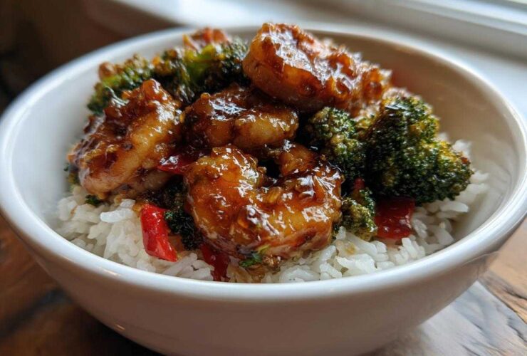 A close-up of a white bowl filled with white rice topped with glossy Honey Garlic Shrimp and bright green broccoli florets.