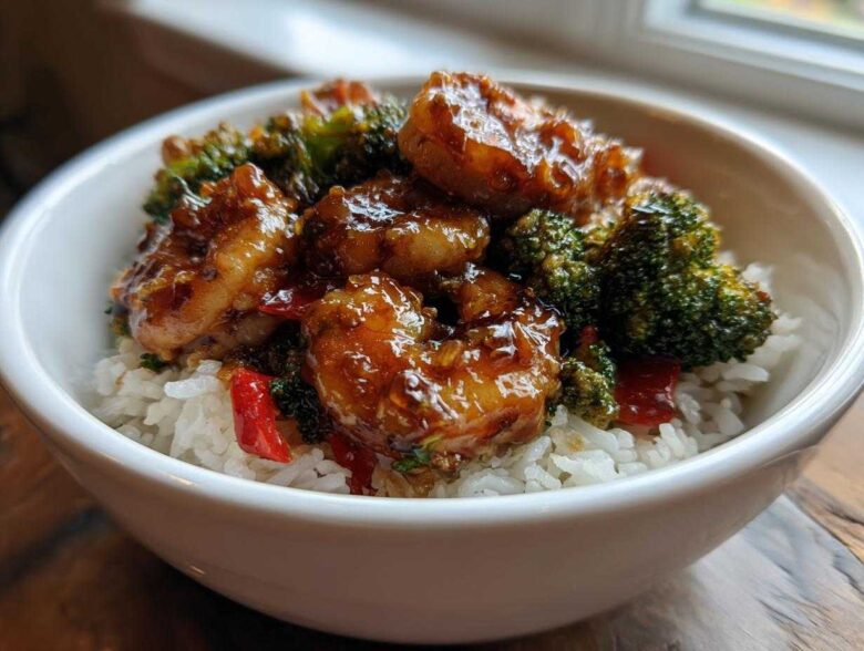 A close-up of a white bowl filled with white rice topped with glossy Honey Garlic Shrimp and bright green broccoli florets.