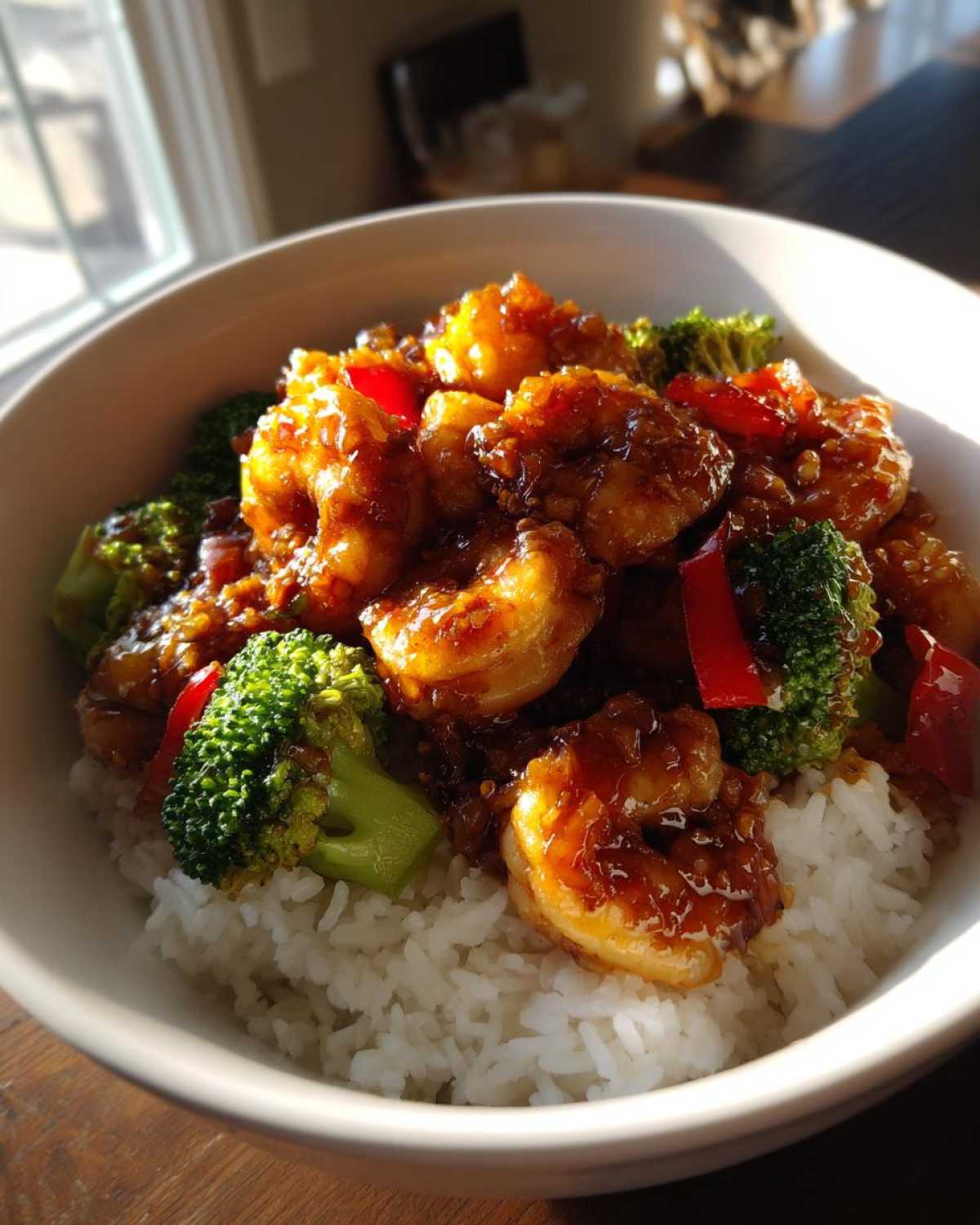 A close-up of a serving of Honey Garlic Shrimp Bowls featuring glazed shrimp, bright green broccoli florets, and white rice.