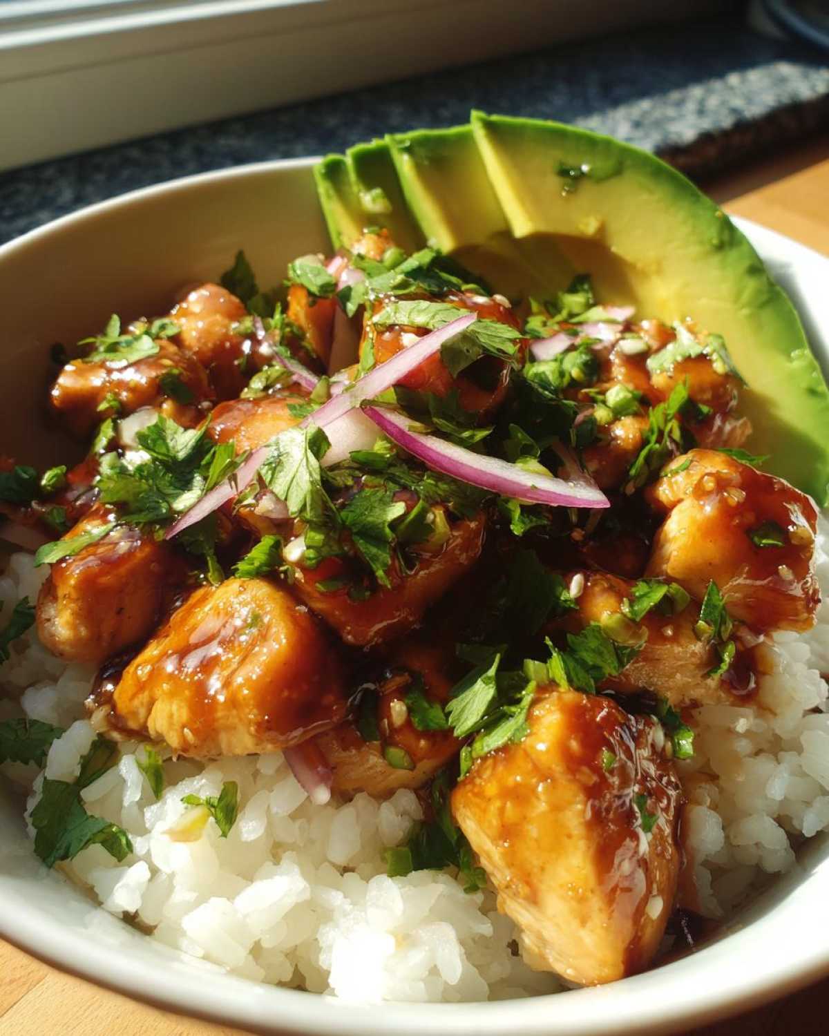 Close-up of a Honey Lime Chicken Avocado Rice Bowl featuring glazed chicken pieces over white rice, topped with cilantro and red onion, with sliced avocado.