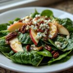 A vibrant Honeycrisp Apple Feta Salad featuring spinach, apple slices, crumbled feta, pecans, and a honey drizzle on a white plate.