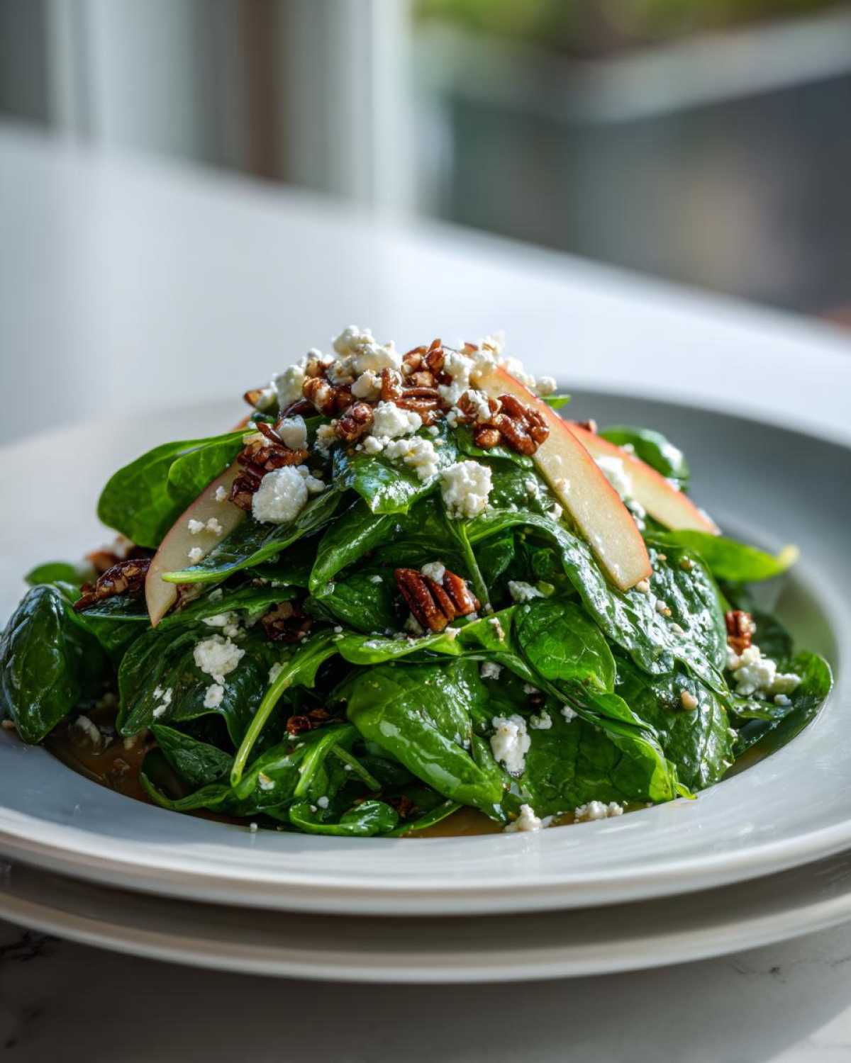 A vibrant mound of fresh spinach topped with crumbled feta, candied pecans, and thin slices of Honeycrisp Apple Feta Salad.