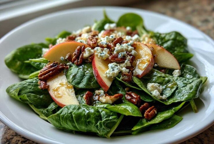A vibrant Honeycrisp Apple Feta Salad featuring spinach, apple slices, crumbled feta, pecans, and a honey drizzle on a white plate.