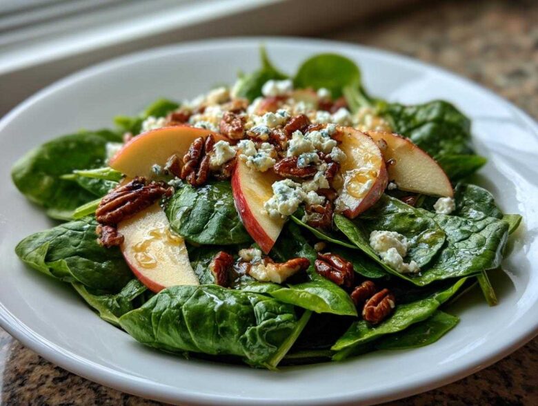 A vibrant Honeycrisp Apple Feta Salad featuring spinach, apple slices, crumbled feta, pecans, and a honey drizzle on a white plate.