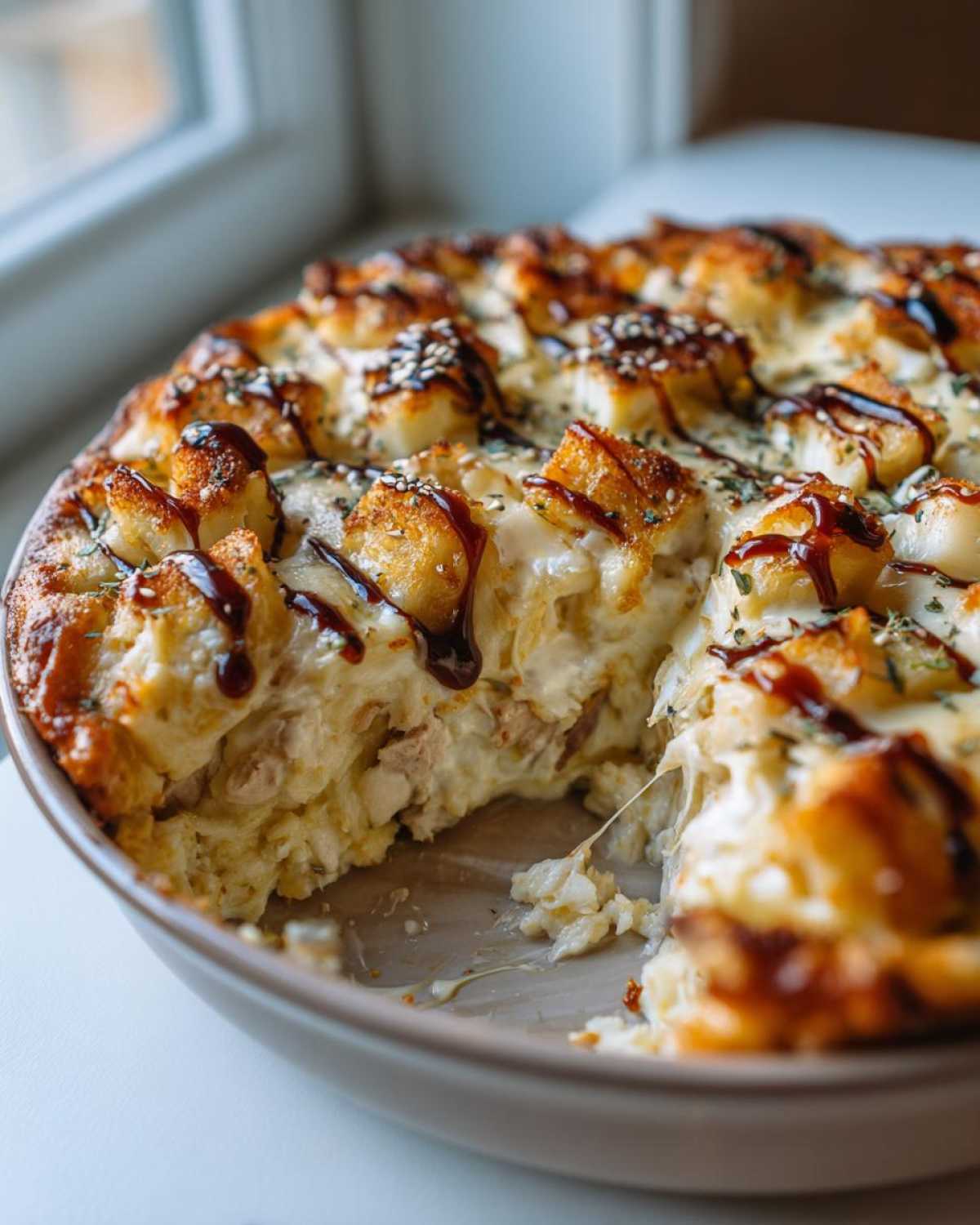 A portion removed from a cheesy Keto Sushi Bake in a round dish, showing melted cheese pull and toppings.