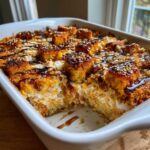 A portion removed from a baked Keto Sushi Bake in a white casserole dish, topped with crispy squares and a dark sauce.