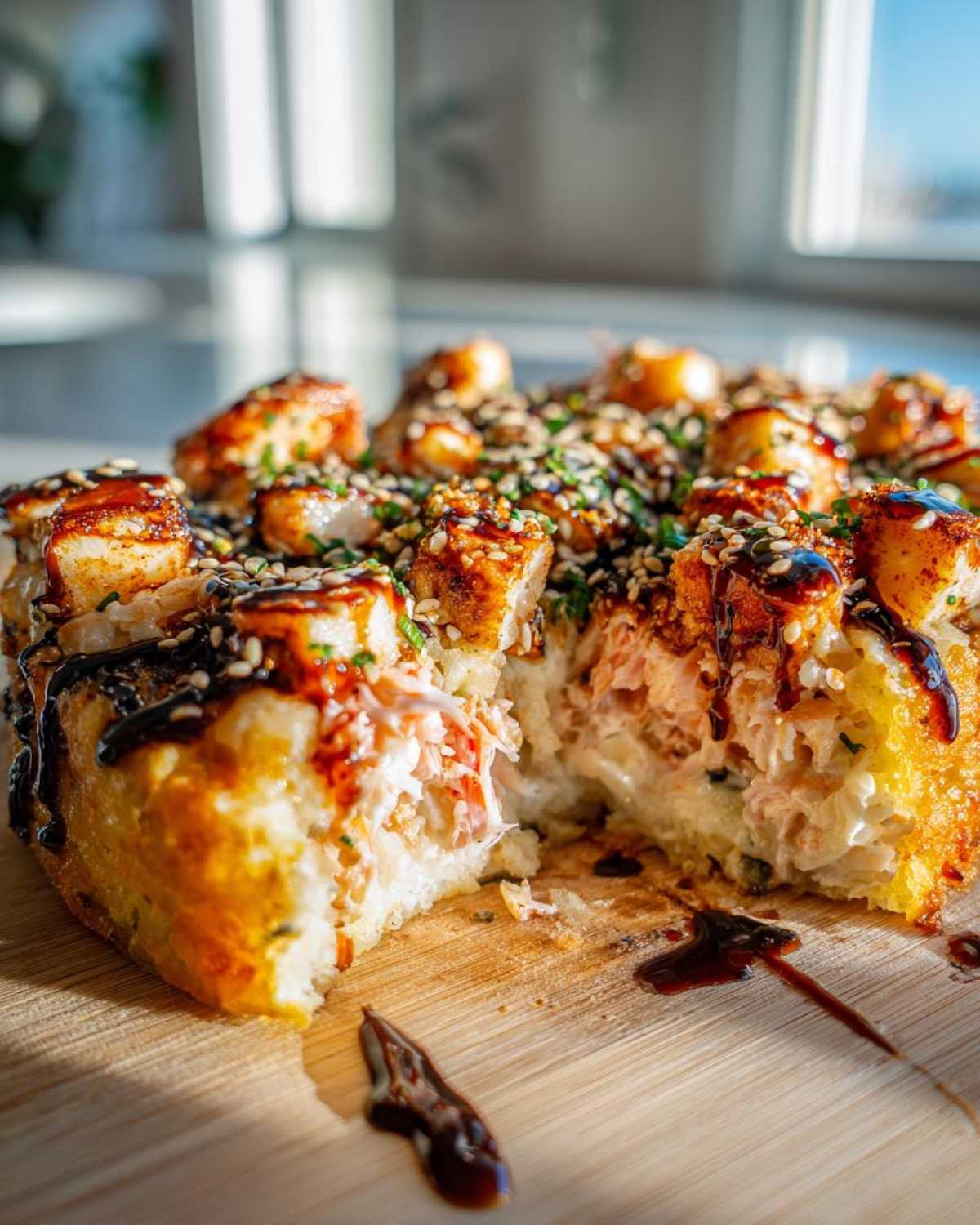 A cross-section view of the Keto Sushi Bake showing creamy salmon filling, topped with seared fish pieces, sesame seeds, and dark sauce.