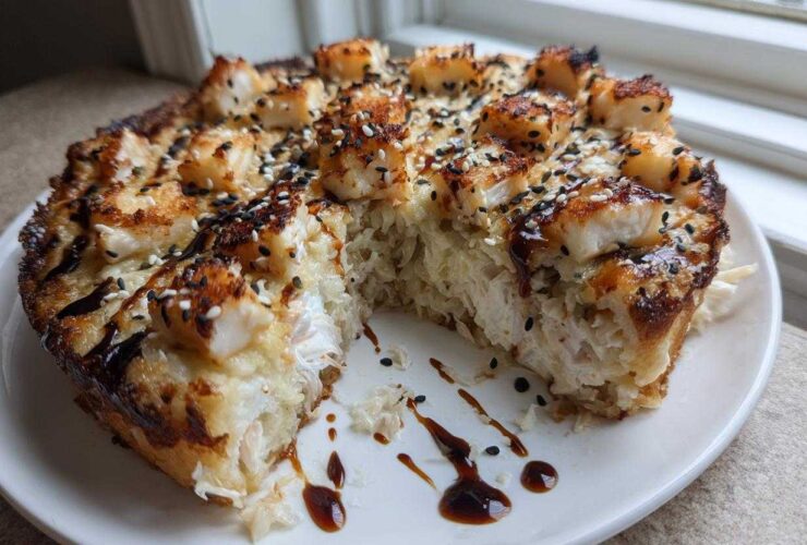 A slice taken out of a round Keto Sushi Bake, topped with seared seafood pieces and sesame seeds.