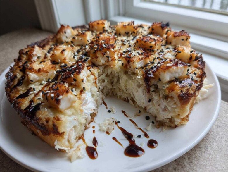 A slice taken out of a round Keto Sushi Bake, topped with seared seafood pieces and sesame seeds.