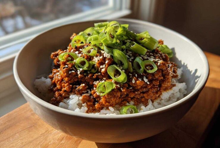 A close-up of a Korean Ground Beef Bowl featuring saucy ground beef served over white rice, topped with sliced green onions and sesame seeds.