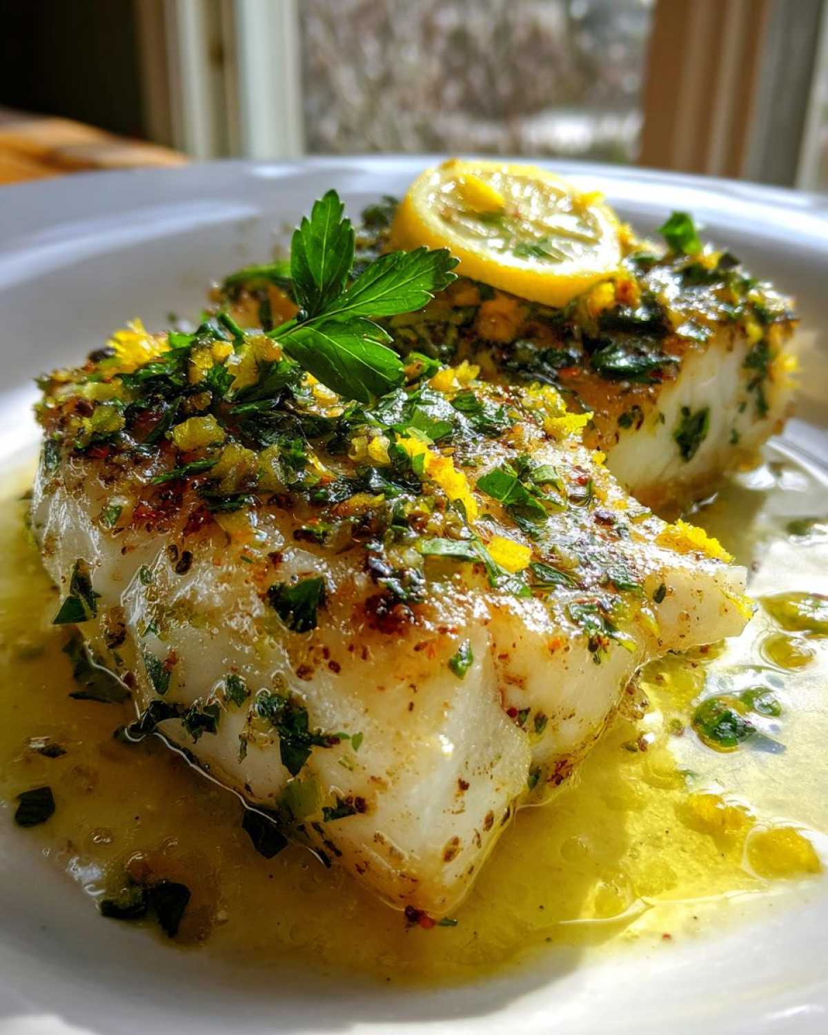 Two flaky pieces of Lemon Garlic Butter Cod resting in a pool of melted butter sauce, topped with fresh parsley and lemon zest.