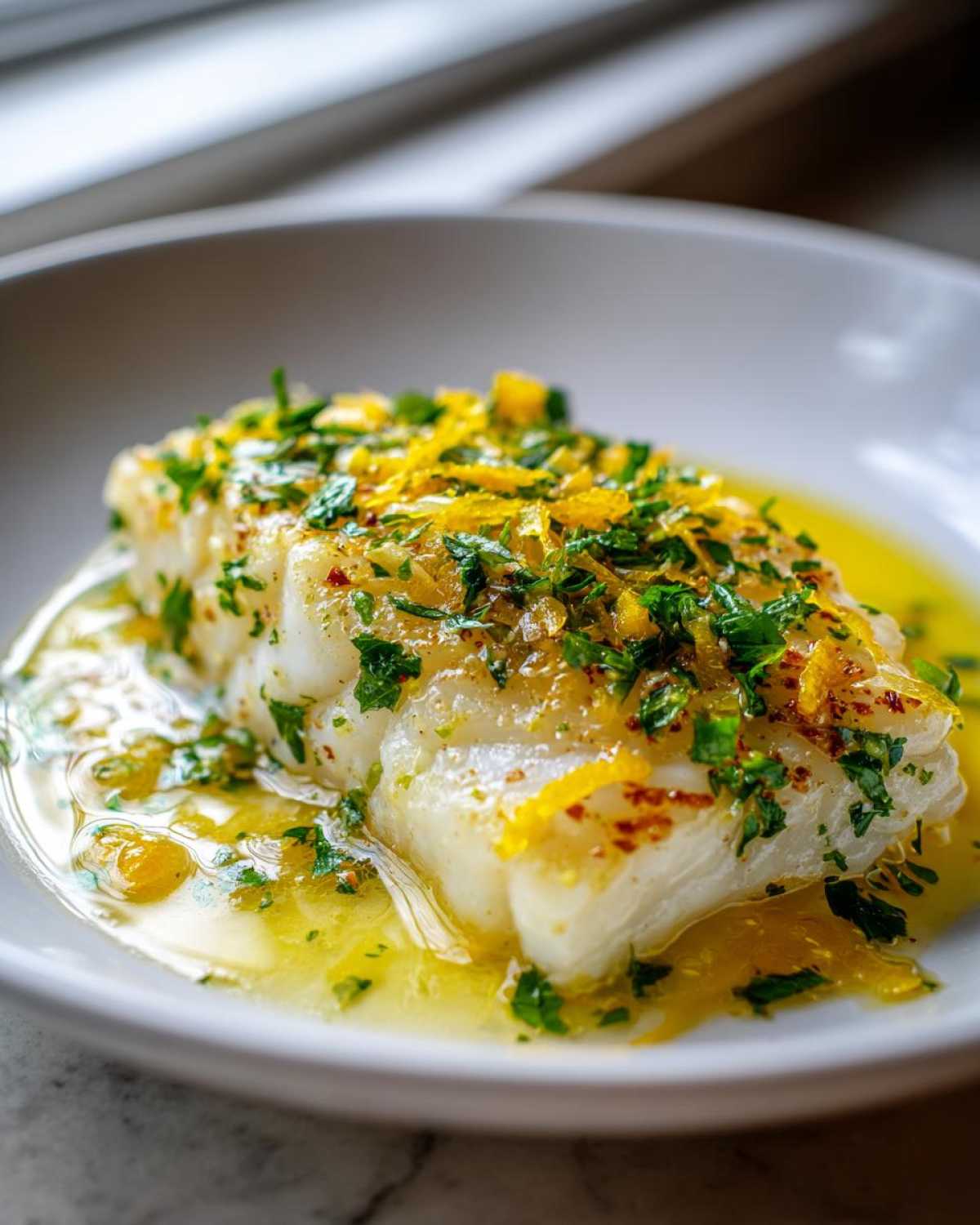 Close-up of a flaky white cod fillet smothered in lemon garlic butter sauce, topped with fresh parsley and zest.