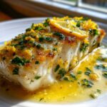 Close-up of a perfectly cooked Lemon Garlic Butter Cod fillet swimming in rich sauce, topped with zest and parsley.