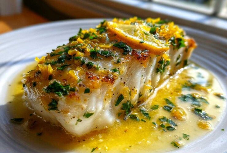 Close-up of a perfectly cooked Lemon Garlic Butter Cod fillet swimming in rich sauce, topped with zest and parsley.