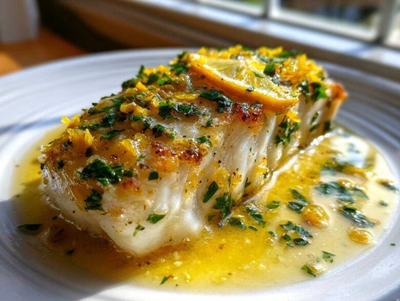 Close-up of a perfectly cooked Lemon Garlic Butter Cod fillet swimming in rich sauce, topped with zest and parsley.