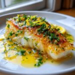 A perfectly cooked fillet of Lemon Garlic Butter Cod resting in a pool of buttery sauce, topped with fresh parsley and lemon zest.