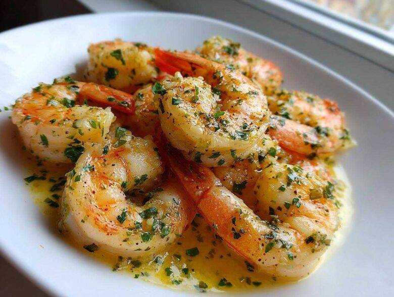 Close-up of juicy Lemon Garlic Shrimp coated in melted butter and fresh chopped parsley served on a white plate.