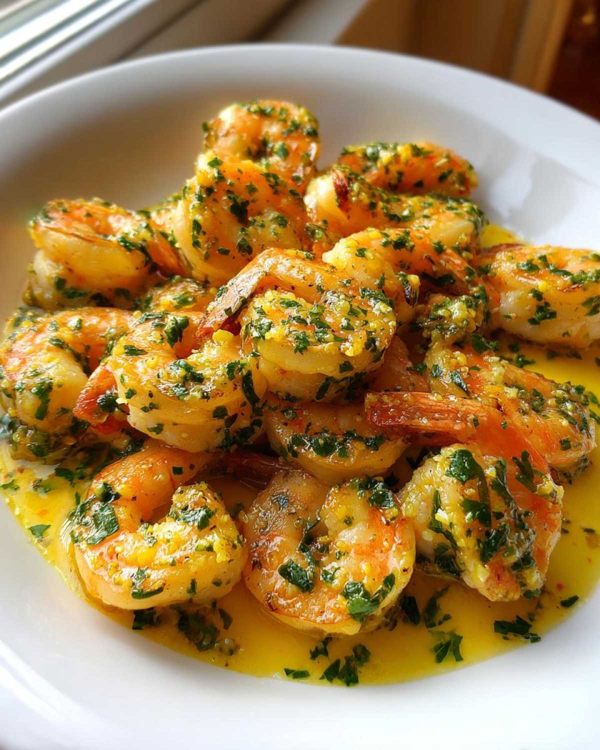 Close-up of juicy Lemon Garlic Shrimp coated in a rich, buttery sauce with visible minced parsley and garlic.