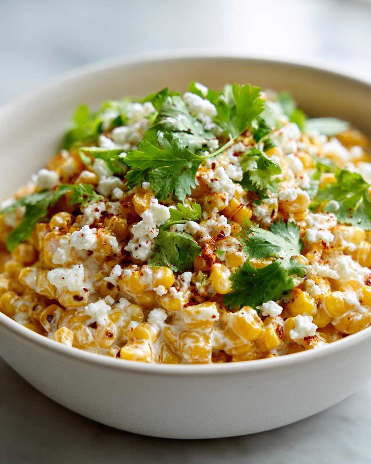 A close-up of creamy Mexican Street Corn Salad Esquites topped with cotija cheese, chili powder, and fresh cilantro.
