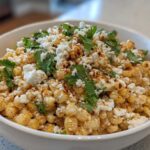 A close-up of a white bowl filled with Mexican Street Corn Salad Esquites, topped with cotija cheese, cilantro, and chili powder.