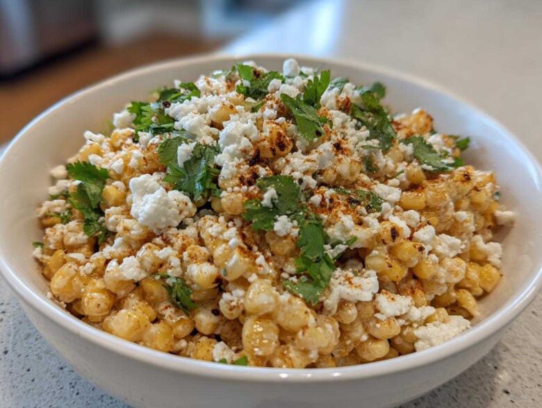 A close-up of a white bowl filled with Mexican Street Corn Salad Esquites, topped with cotija cheese, cilantro, and chili powder.