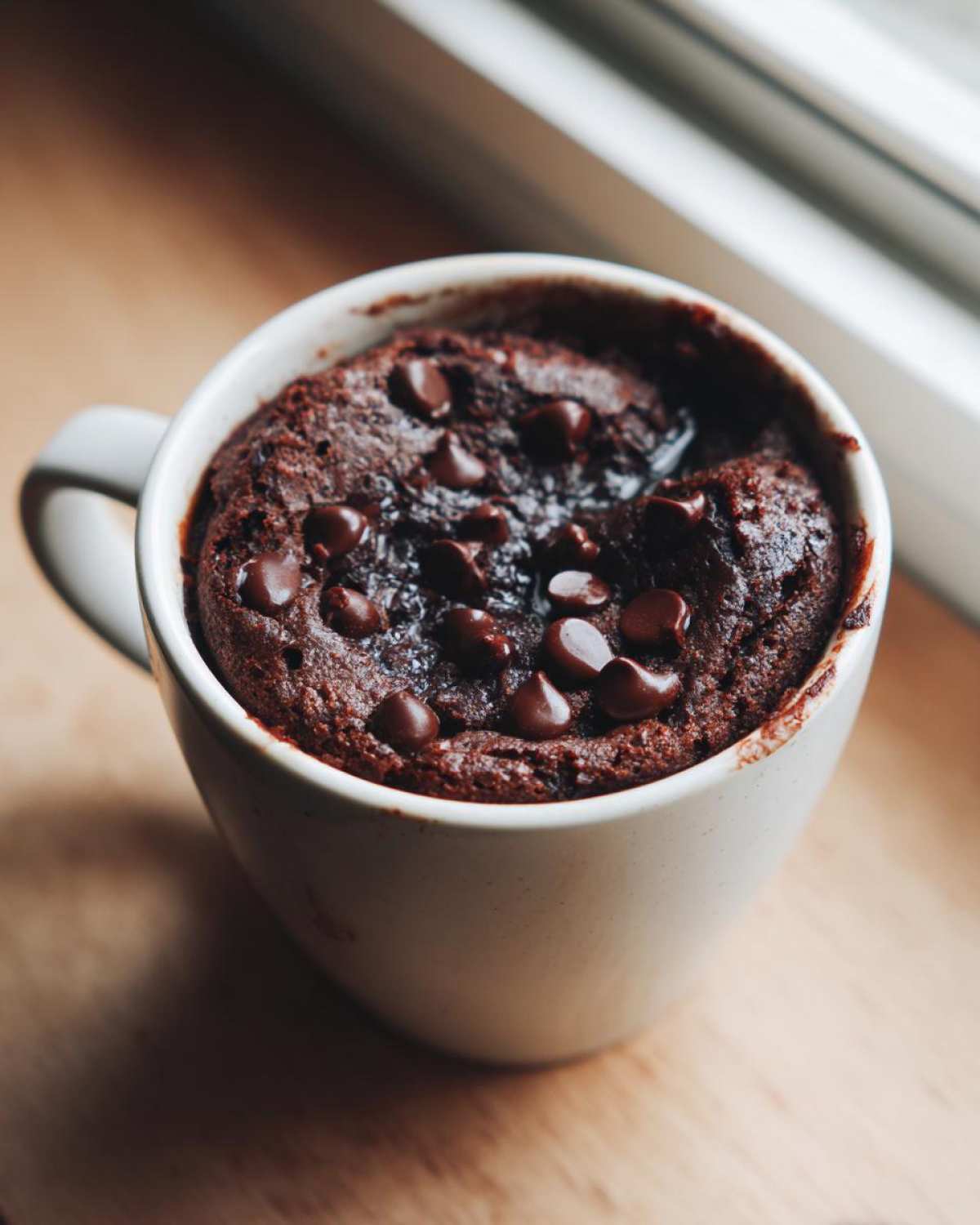 A rich, dark chocolate Microwave Brownie in a Mug topped with melted chocolate chips.