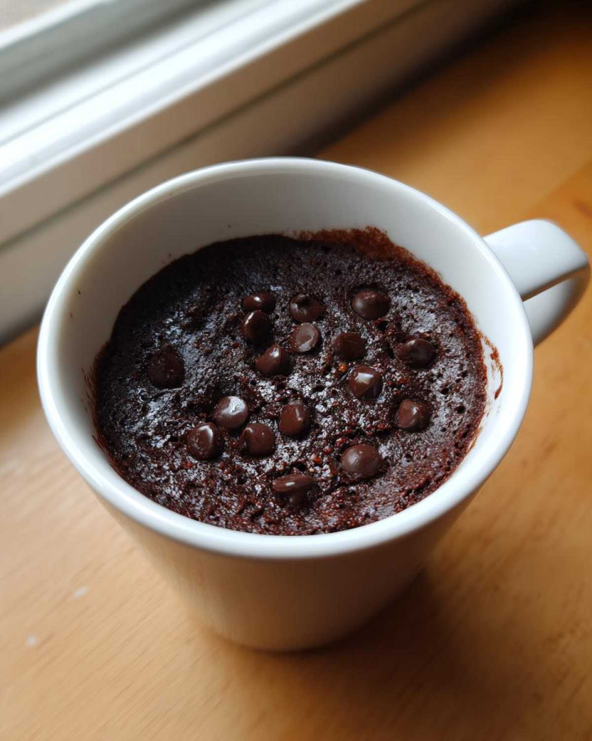 A freshly made Microwave Brownie in a Mug topped with melted chocolate chips, sitting on a wooden surface.