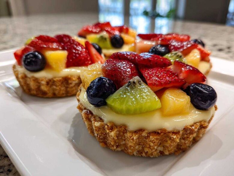 Three vibrant Mini Fruit Tarts featuring strawberries, blueberries, kiwi, and pineapple on a creamy custard filling.