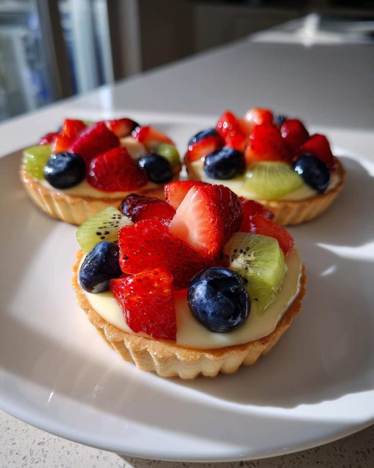Three vibrant Mini Fruit Tarts topped with fresh strawberries, blueberries, and kiwi slices, resting on a white plate.