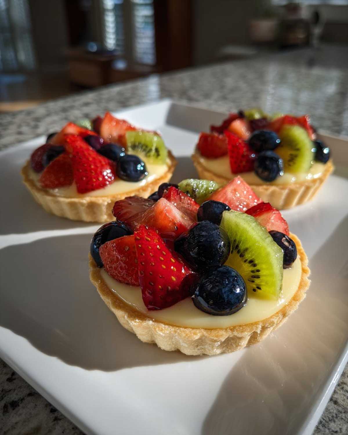 Three vibrant Mini Fruit Tarts topped with fresh strawberries, blueberries, and kiwi slices on a white platter.