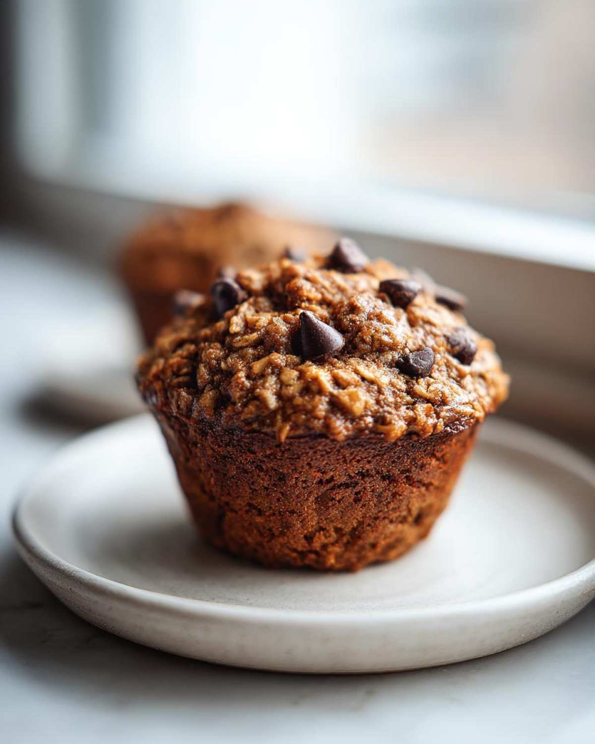 A freshly baked Oatmeal Banana Chocolate Chip Muffin topped with melted chocolate chips, sitting on a small plate.