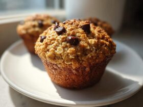 A close-up of a freshly baked Oatmeal Banana Chocolate Chip Muffin topped with oats and chocolate chips on a white plate.