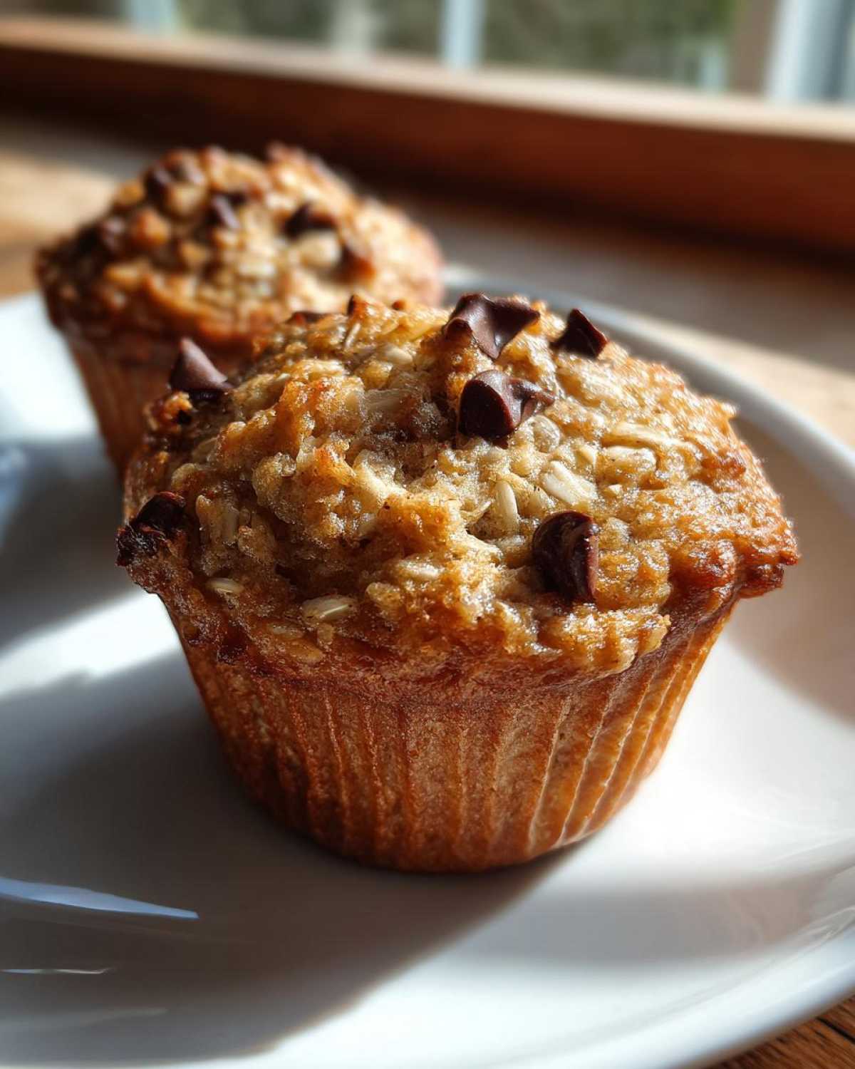 Two golden brown Oatmeal Banana Chocolate Chip Muffins topped with oats and chocolate chips on a white plate.