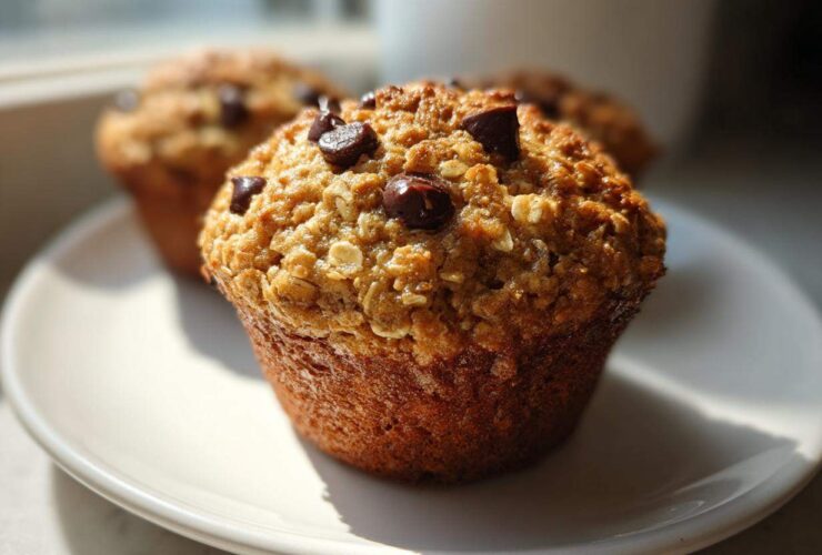 A close-up of a freshly baked Oatmeal Banana Chocolate Chip Muffin topped with oats and chocolate chips on a white plate.