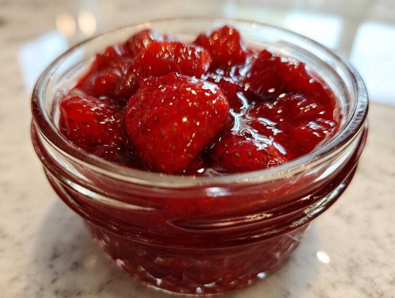 Close-up of whole strawberries suspended in thick, glossy syrup, representing Old-Fashioned Strawberry Preserves in a small glass jar.