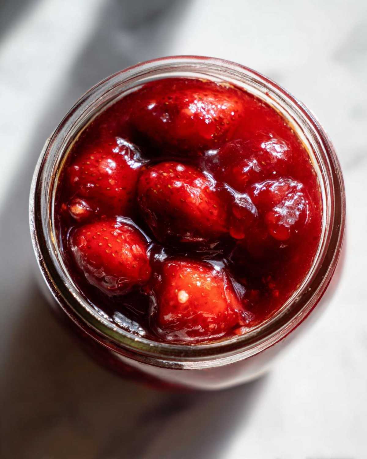 Overhead close-up view of whole strawberries suspended in thick, bright red syrup in a jar of Old-Fashioned Strawberry Preserves.