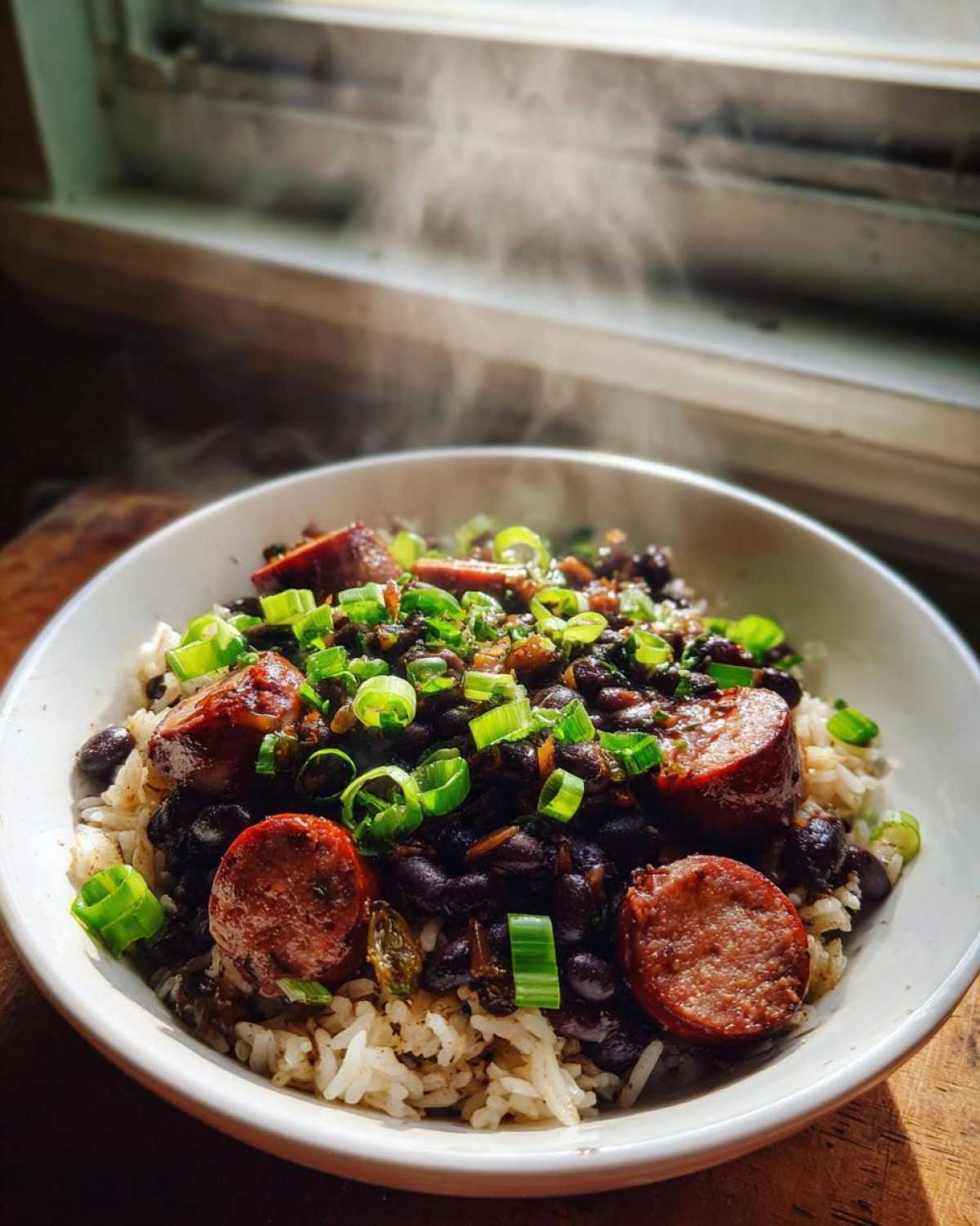 A steaming white bowl filled with One-Pot Black Beans and Rice with Sausage, topped generously with sliced green onions.