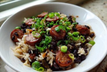 A white bowl filled with One-Pot Black Beans and Rice with Sausage, topped with sliced smoked sausage and green onions.