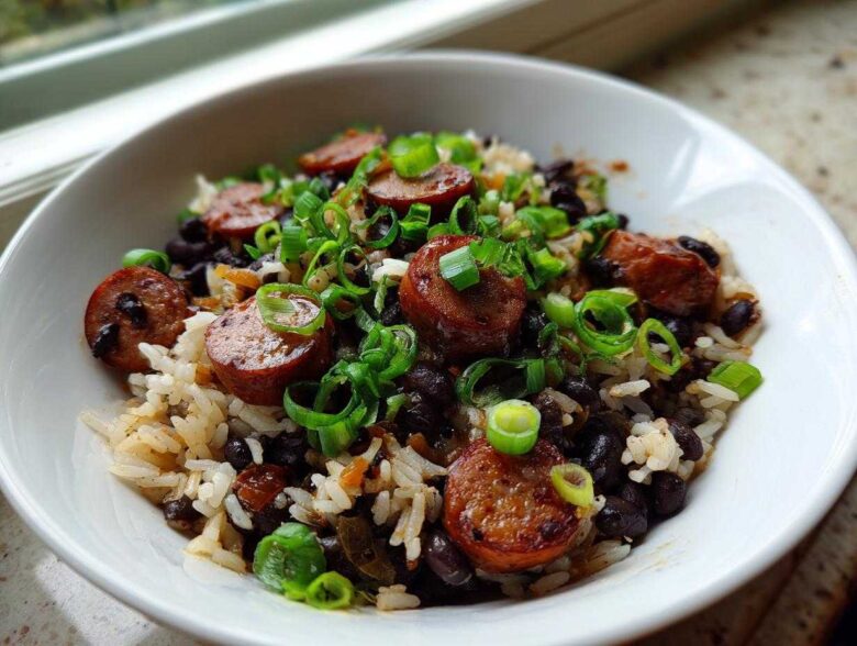 A white bowl filled with One-Pot Black Beans and Rice with Sausage, topped with sliced smoked sausage and green onions.