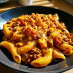 A close-up, appetizing shot of One Pot Taco Pasta featuring penne pasta, seasoned ground meat, and bright yellow corn kernels in a dark bowl.