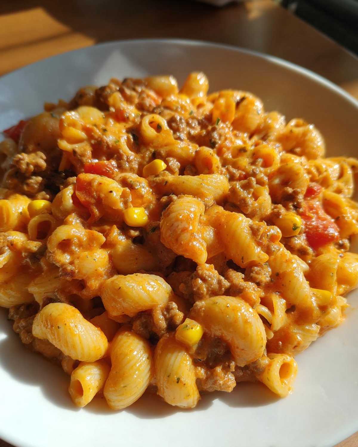 Close-up of creamy One Pot Taco Pasta featuring elbow macaroni, ground meat, corn, and tomato sauce in a white bowl.
