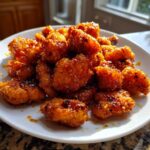 A close-up of crispy, glazed Orange Chicken Bites piled high on a white plate.