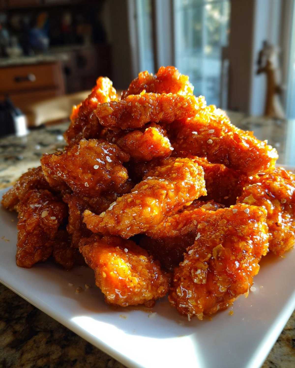 A close-up of a mound of crispy, glazed Orange Chicken Bites sprinkled with sesame seeds on a white plate.