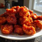 A pile of glistening, saucy Orange Chicken Bites served on a white plate, catching the sunlight.