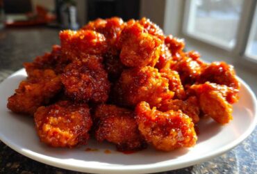 A pile of glistening, saucy Orange Chicken Bites served on a white plate, catching the sunlight.