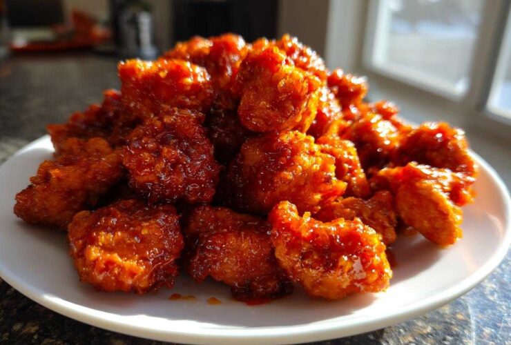A pile of glistening, saucy Orange Chicken Bites served on a white plate, catching the sunlight.